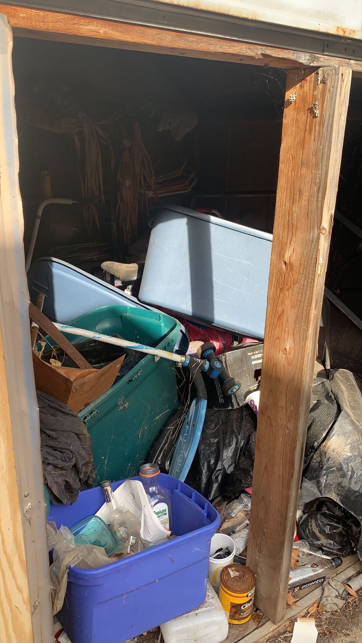 Cluttered backyard shed packed with bins and household junk